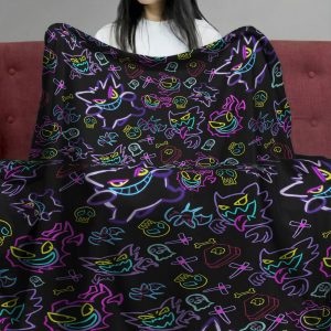 Pokemon Gengar Neon Pattern Black Fleece Blanket