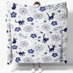 Studio Ghibli Jiji Cat Floral Blue Cozy Fleece Blanket