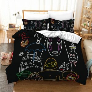 Minimal Line Art Studio Ghibli Anime Characters Bed Set