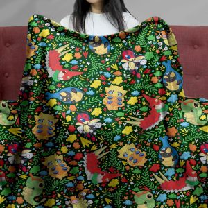 Bug Type Pokemon Floral Pattern Cozy Plush Blanket