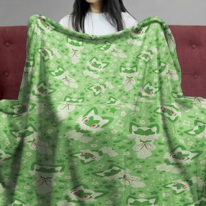 Cute Sprigatito Green Pattern Cozy Pokemon Fleece Blanket