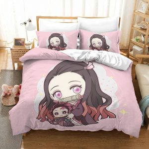 Kawaii Nezuko and Chibi Tanjiro Pink Demon Slayer Bedding Set