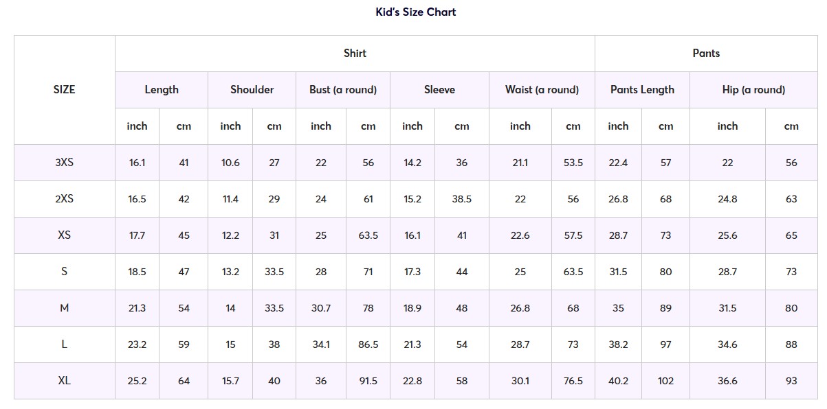 size chart kid