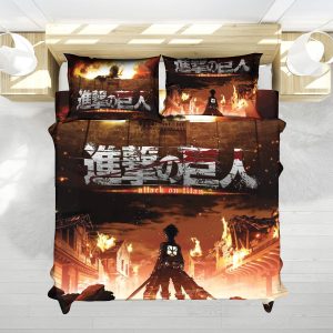 Attack on Titan Eren Yeager Burning City Battle Bedding Set